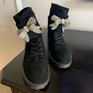 Kurt Geiger Black Combat Boots with Rhinestone Bow